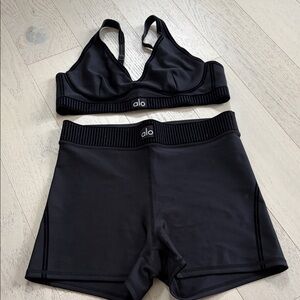 ALO Yoga Black Sports Bra and High-Waist Bike Shorts Set